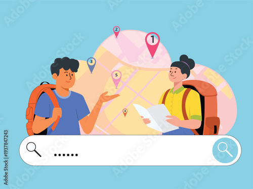 Backpackers Planning Route with Map and Global Markers