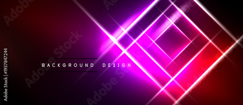 Vibrant neon lines intersect, creating dynamic abstract background. Pink, purple hues dominate dark space. Text reads background design.