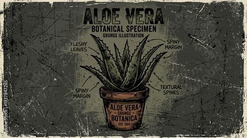 Aloe Vera botanical illustration in distressed pot on grunge background