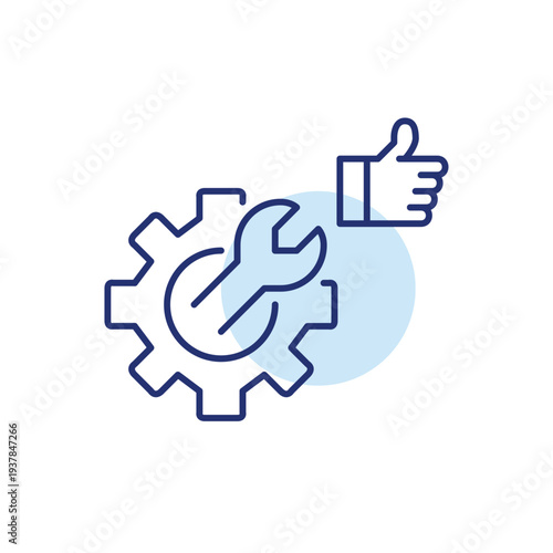 Cogwheel, wrench and thumbs up like symbol. System configuration or settings adjustment. Pixel perfect, editable stroke vector icon