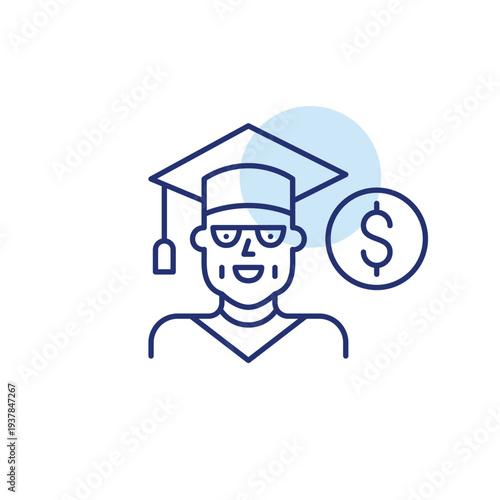 Middle-aged woman in graduation cap and dollar. Lifelong education cost and benefits. Pixel perfect, editable stroke vector icon