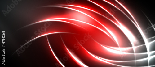 Abstract red lines swirl against dark background. Bright white streaks create dynamic energy, modern design. Dramatic lighting enhances visual impact.