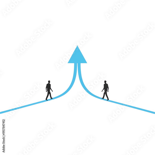 Two businessmen walking on blue paths diverging into one upward arrow