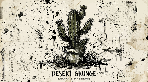 Desert Cactus in Grunge Ink Background