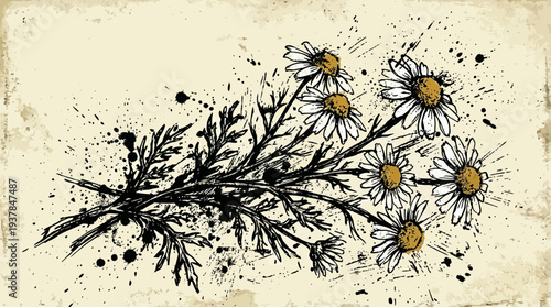 Chamomile flowers drawing with ink splatters on grunge paper