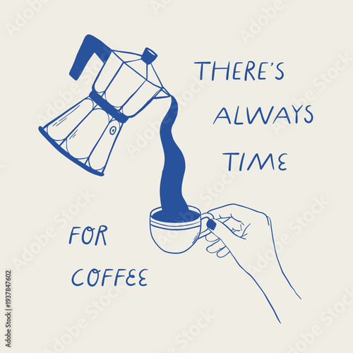 Retro coffee poster with moka pot and espresso cup in hand. Good for cafes, restaurants interior wall art, kitchen prints, banners, cards, wallpapers, social media decor, etc. EPS 10