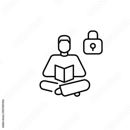 Man reading a book and lock. Secure library access, private personal data. Pixel perfect, editable stroke vector icon