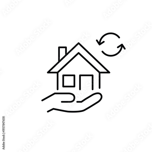 House in hand and renew arrows. Smart home system update, real estate transactions. Rent and lease renewal. Pixel perfect, editable stroke vector icon