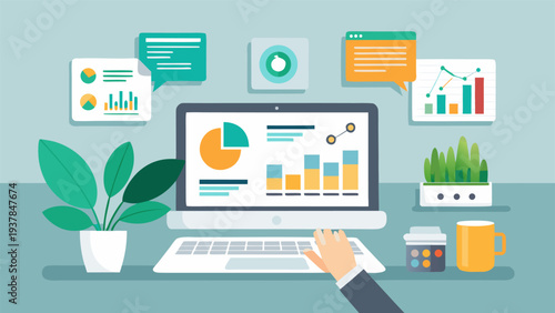 Modern Workspace with Laptop Displaying Business Data Analytics and Financial Charts.eps