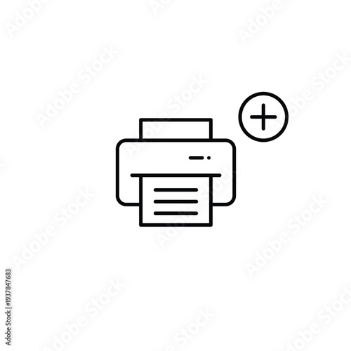 Printer and plus. Add document to queue. Copy task. Pixel perfect, editable stroke vector icon