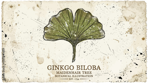 Ginkgo Biloba Leaf Botanical Illustration on Vintage Paper