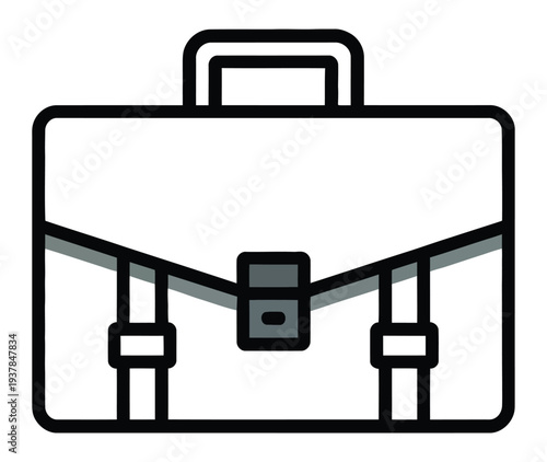 Simple black and white line art illustration of a classic business briefcase with a handle, flap, and two buckle straps, featuring a subtle shadow effect.