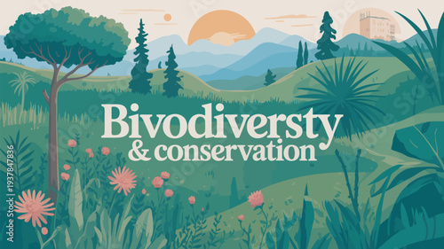 An illustration depicting a serene natural landscape with lush greenery and vibrant flowers, promoting biodiversity and conservation.