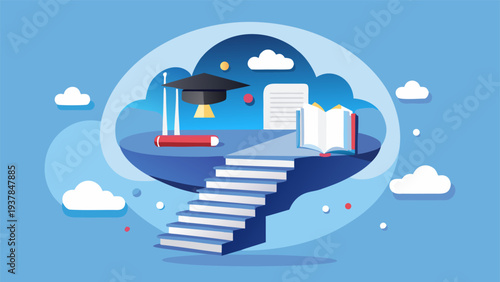 Open book with staircase leading to graduation cap and door to success.eps