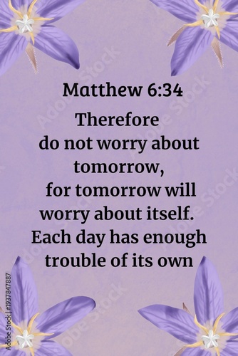 Cuadro en lienzo Bible verse wallart,wallpaper, christiam homedecor,  from Matthew 6:34 displayed on a decorative pastel background