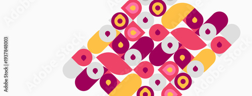 Abstract pattern features rounded squares, circles. Colors include purple, yellow, gray. Design appears geometric, modern, repetitive.