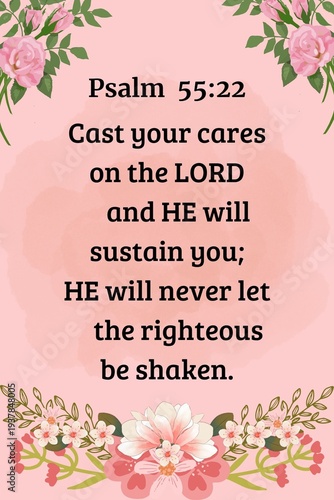 Foto Christian inspirational quote from Psalm 55:22 pink floral background, christian
