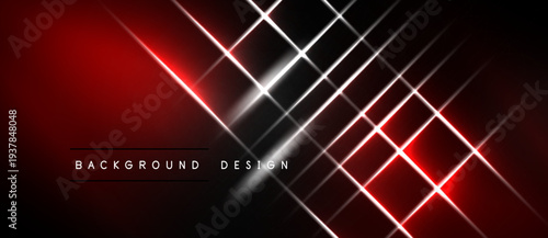 Abstract background features vibrant red neon lines intersecting over dark surface. Modern design evokes energy, dynamism.