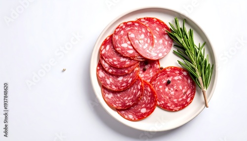Salami slices artistically arranged on a round plate with a sprig of rosemary, against a plain white background