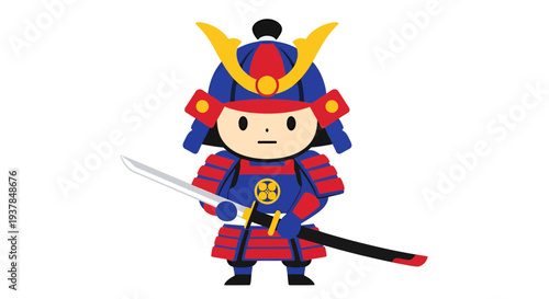Samurai Warrior Vector Illustration, Flat Design, Japanese Culture, Cartoon Character, Isolated