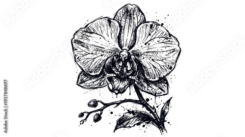 Orchid flower sketch, ink drawing, hand-drawn botanical illustration, black and white