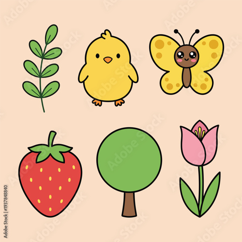 Cute Spring Doodle Vector with Flowers, Bees and Nature Elements