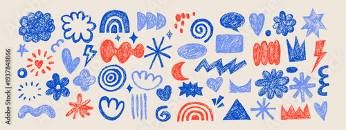 Crayon doodle grunge bold shapes, scribble set. Modern childish hand drawn naive emphasis elements. Vector isolated notebook illustration. Geometric pattern