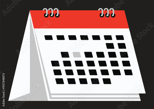 A simple, illustrative image of a desk calendar with a red top and black day squares.
