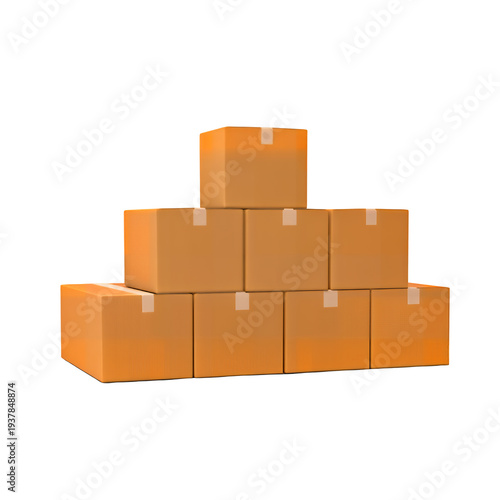 A stack of brown cardboard boxes on transparent background
