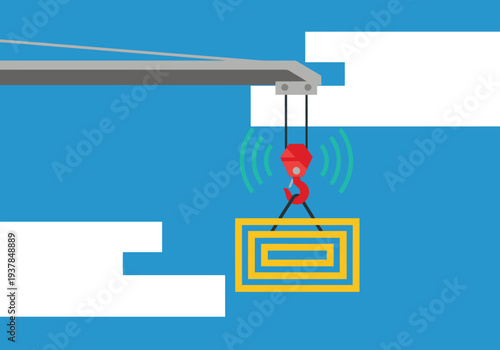 An auto crane safety warning graphic showcases a robotic arm lifting a crate with wireless signal alerts. Clean, modern design with bright blue background. Ideal for industrial safety visuals.