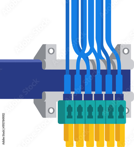 Fiber optic cable connects to a robust back hub. Clean, modern illustration showcasing network infrastructure. Ideal for tech, business, and connectivity visuals.