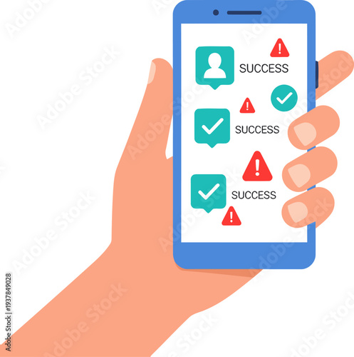 A hand holds a smartphone displaying a health monitor app with success indicators. Modern, clean design. Ideal for digital health concepts.