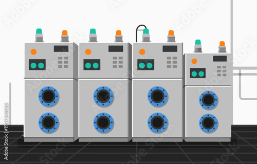 Four carbon capture modules stand in a laboratory setting. Modern design, blue accents, and digital displays highlight this industrial technology. Clean, professional aesthetic.