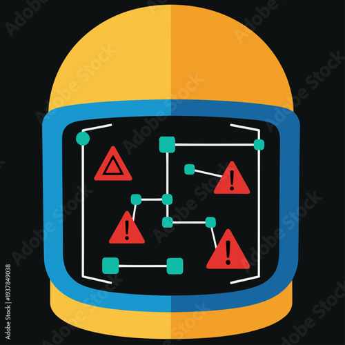 A futuristic smart helmet displays augmented reality data with hazard warnings. Bold colors and a modern design create a striking visual. Ideal for tech, safety, and innovation concepts.