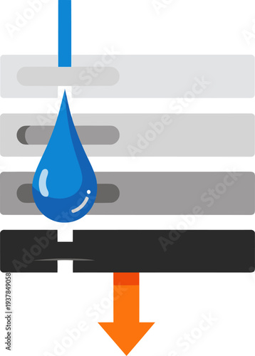 Illustrative diagram showcases a water filter layer with a water drop. Clean, modern design highlights filtration process. Ideal for educational or technical visuals.