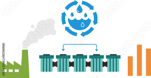 Illustration depicts a carbon reduction filter process, showcasing industrial emissions being captured and converted into positive environmental impact. Clean, modern design.