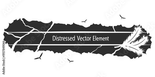 Horizontal distressed black grunge banner vector, cracked stone or broken earth texture frame with root-like thorny branches and fragmented rock particles for gothic, Halloween. 
