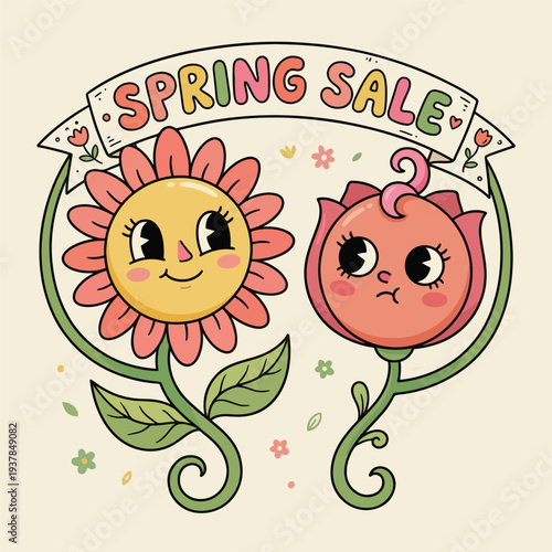 Cute Spring Doodle Vector with Flowers, Bees and Nature Elements