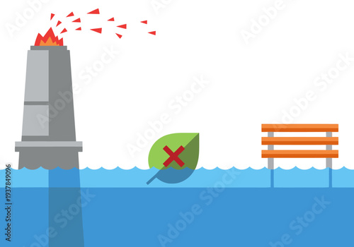 Industrial pollution harms a park. A smokestack releases dark water, contrasting with a green leaf and a park bench. Illustrative, impactful visual.