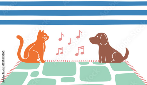 A playful illustration featuring a cat and dog listening to music, conveying a sense of calm and relaxation. Bright colors and a modern design make it ideal for pet-related marketing.