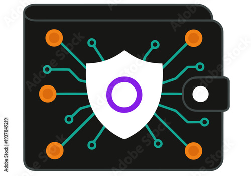 Protect your bio data! A stylized wallet icon with a shield and circuit board design symbolizes secure asset management. Modern, digital, and trustworthy.
