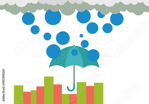 Relaxing rain audio data visualized with a sheltering umbrella amidst falling bubbles. A calming, modern design evokes tranquility and focus. Perfect for wellness and productivity visuals.