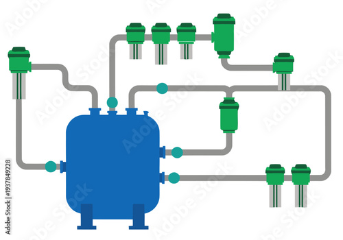 Schematic diagram illustrates a CO2 treatment system with filter units and emission control. Clean, modern design for technical illustrations and data systems.