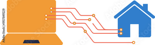 Seamless data sync between laptop and smart home. Modern graphic illustrating connected technology and home automation. Ideal for tech, digital lifestyle, and smart home concepts.