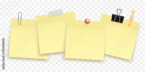 Sticky Note Sticker Memo Set with Adhesive Paper, Paper Clip, Push Pin, Binder Clip and Wooden Clothespin on Transparent Background Vector Illustration
