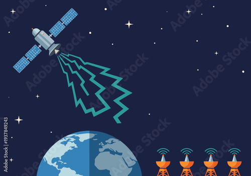 A satellite transmits data across the globe, connecting devices. Illustrative graphic showcasing satellite backbone link data. Modern, vibrant, and visually engaging.