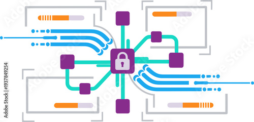 Secure data flow illustration. Modern, abstract design with locks and interconnected pathways. Vibrant colors and a clean, professional aesthetic. Ideal for technology and cybersecurity concepts.