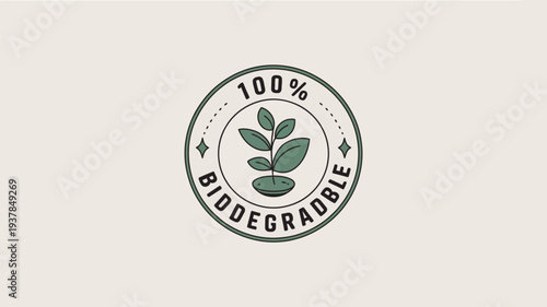 A biodegradable logo with a green plant and 100 percent recyclable symbol on a beige background