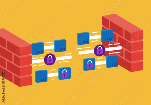 Secure data transmission protected by a firewall. Illustrative graphic showcasing encrypted data flow between two buildings. Modern, digital style.