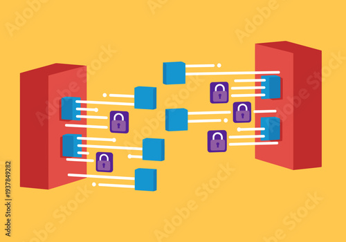 Secure data transmission via firewall. Blocks and encrypts information between two red blocks, showcasing data protection. Modern, digital illustration.